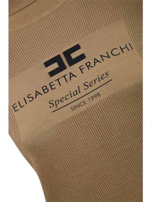 Dolcevita in maglia di viscosa punto rete cammello con intarsio logo Elisabetta Franchi | MK82Q46E2032